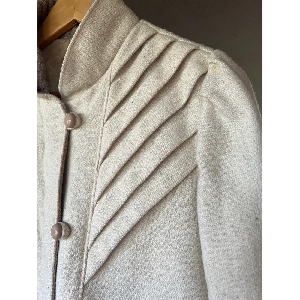 Vintage 70s Cream Wool Pleated Sunburst Jacket Puff Shoulder Quiet Luxury - Picture 3 of 16